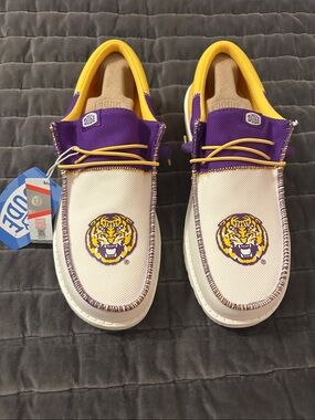 Hey Dude Men’s LSU Canvas Slip-On Loafers with Purple & Yellow Accents